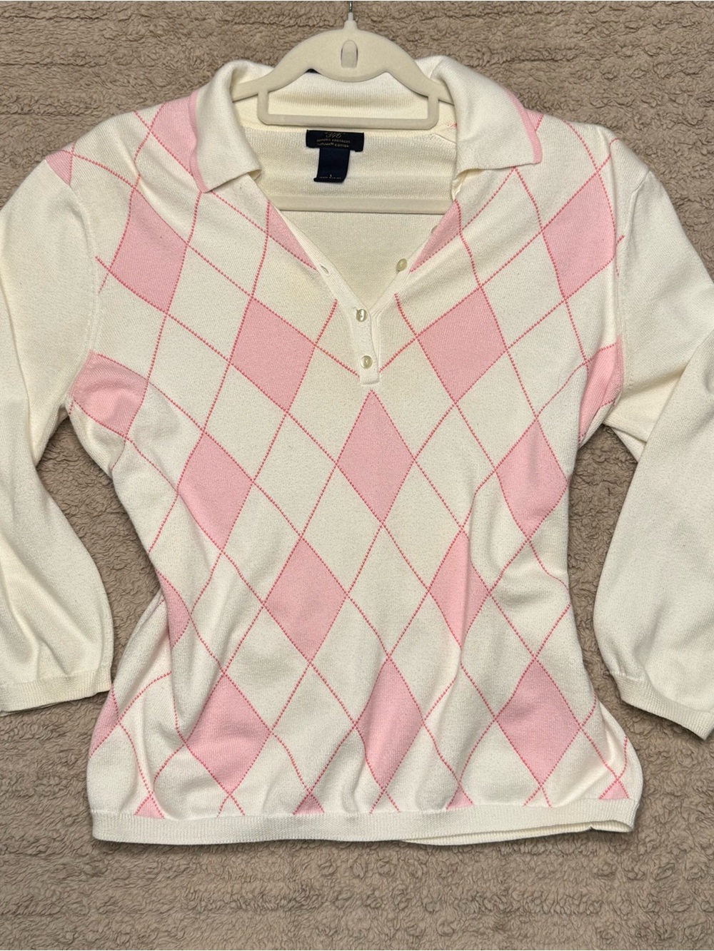 Brooks Brothers Pink and Cream Argyle V-Neck Polo Sweater